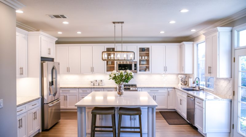 White modern contemporary kitchen with an island