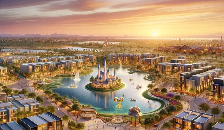 Digital artificial image of an illustration of the potential Storyliving Disney city