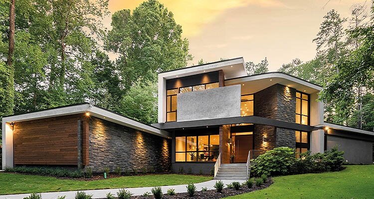 Exterior shot of modernist house in woodlands