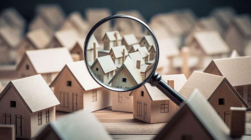 Conceptual art depicting the challenges of navigating the 2024 U.S. housing market with a magnifying glass on some homes