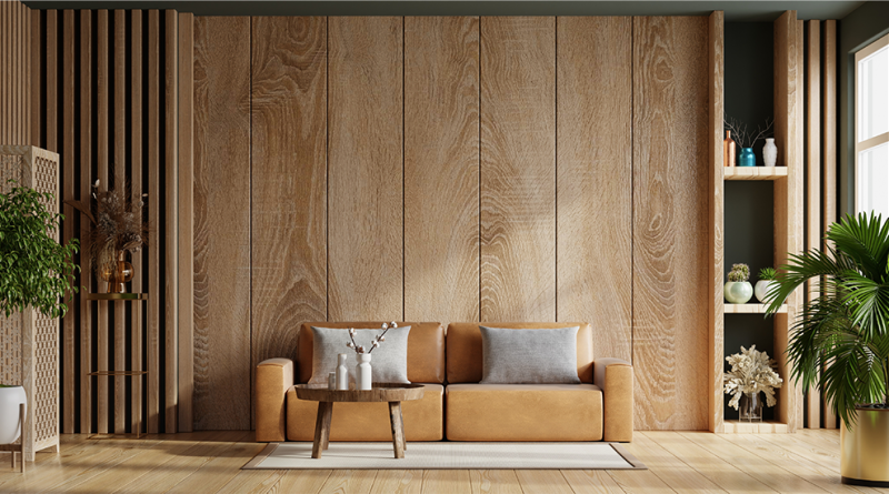 Interior space showcasing 2025 design trends including wood textures and bold color drenching