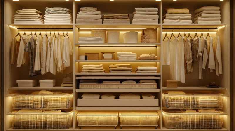 Well-organized, modern walk-in closet system with lighting