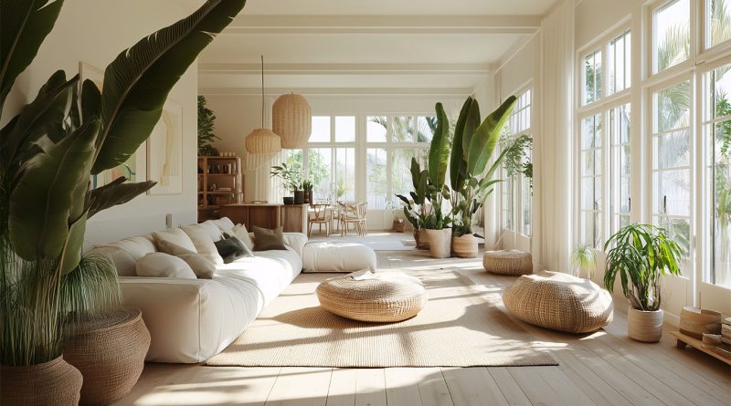Bright and airy living room with large indoor plants, soft natural light, woven textures, and wood furnishings illustrating biophilic interior design.