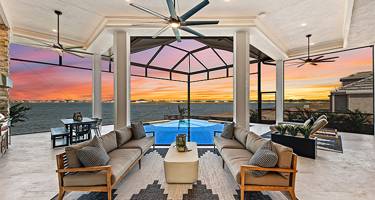 the outdoor living area of the Sand Dollar luxury model home, located in Lakewood Ranch, Florida.