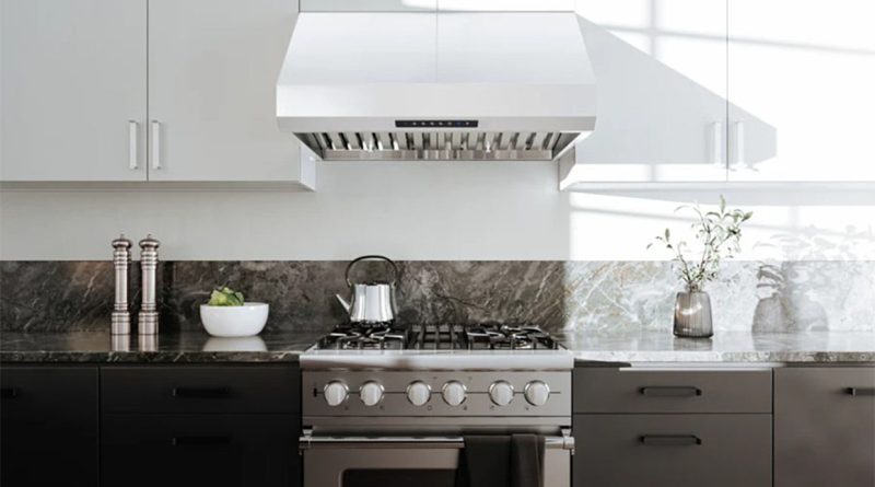 Modern sleek kitchen featuring Hauslane's Under-Cabinet Range Hoods