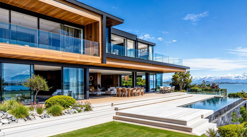 Aerial view of a luxury waterfront home in Queenstown, New Zealand, surrounded by mountains and lake