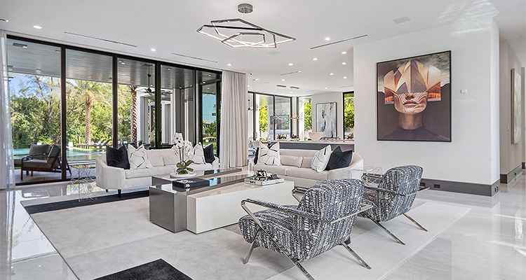 a spacious, modern living room with a neutral color palette.