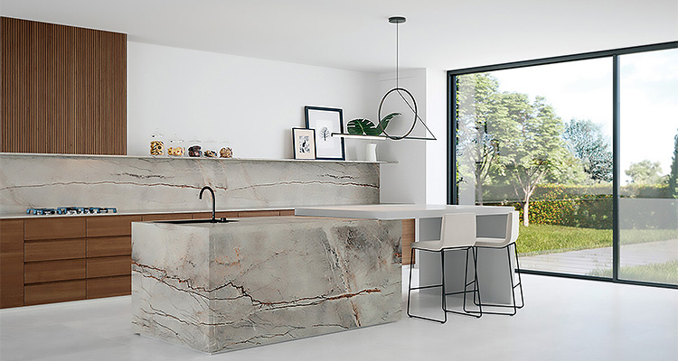 modern kitchen featuring a countertop and backsplash made of Caesarstone Striata porcelain.