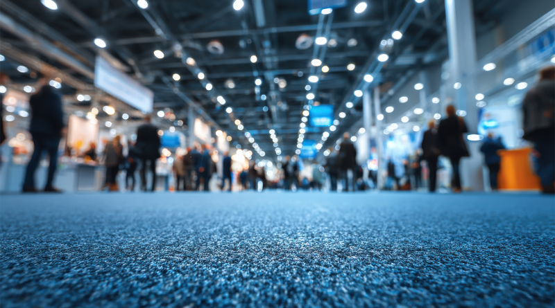 Trade show facilities with people visiting stands
