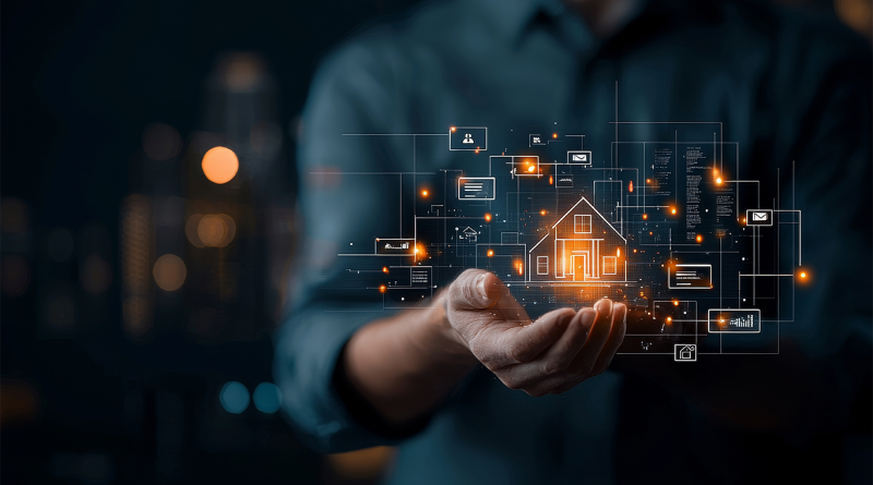A person holding a digital hologram of a smart home interface, representing futuristic home technology and connected systems for 2026.