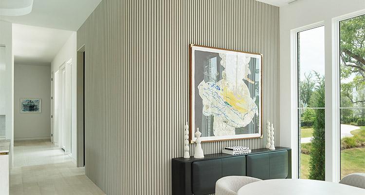 an interior space utilizing Wood Plastic Composite (WPC) wall panels as a modern building material.