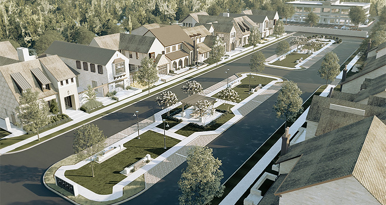 an aerial perspective of a planned residential development or suburban neighborhood