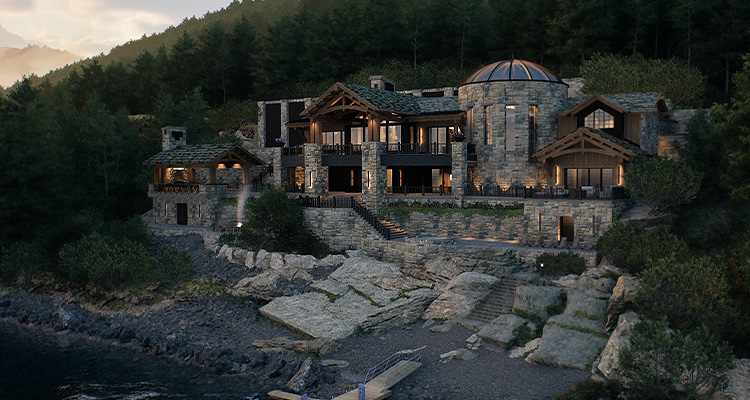 s a luxury stone mansion located in Whitefish Lake, Montan