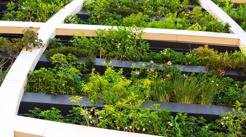 Modern sustainable high rise building with greenery integrated into the facade in an urban setting
